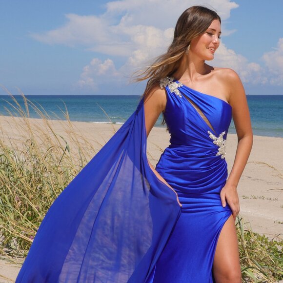 New One Shoulder Sheath Evening Gown w/ Jewel Embroidery & Front Keyhole AC 7056 - Picture 1 of 10